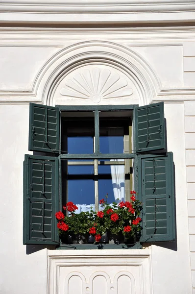 Casa encalada con persianas verdes y flores de geranio rojo — Foto de Stock