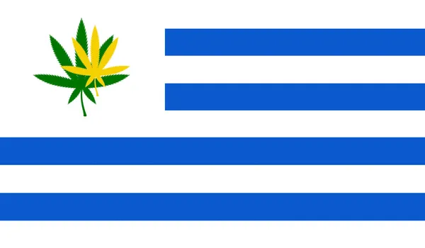 Flagge von Uruguay mit Cannabisblatt. Uruguay legalisiert als erstes Land den Handel mit Marihuana — Stockfoto