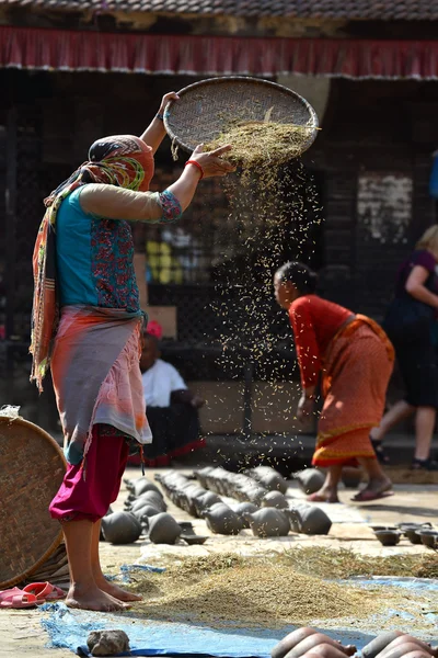 脱粒粮食在加德满都，尼泊尔的女人 — 图库照片