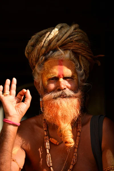 Heilige sadhoe man met dreadlocks en traditionele geschilderde gezicht in p — Stockfoto