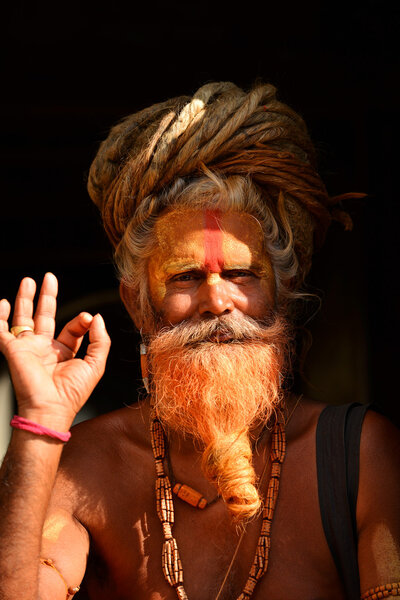 Holy Sadhu man with dreadlocks and traditional painted face in P