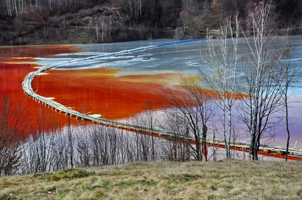 Poluição de um lago com água contaminada de uma mina de ouro — Fotografia de Stock