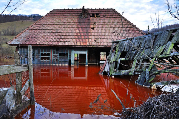Ecological disaster. An abandoned village flooded by polluted wa