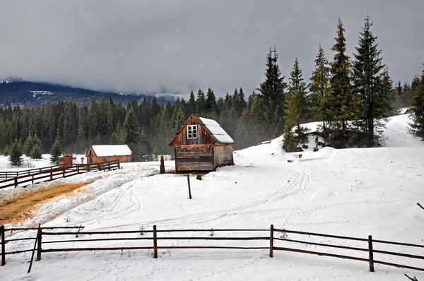 Casa de madeira na floresta de inverno — Fotografia de Stock