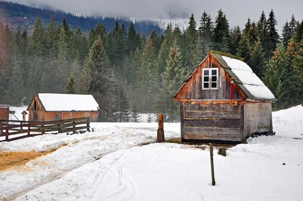 Casa de madera en bosque de invierno — Foto de Stock