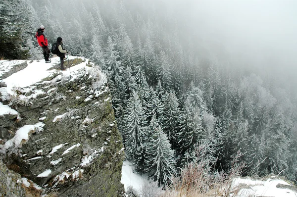 Trekkers op de top in winter — Stockfoto