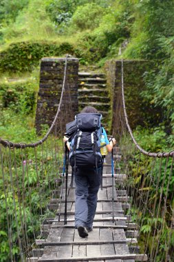 Trekker passing on a suspension bridge in the Himalayas clipart