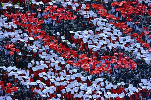 Menigte van voetbalfans in het stadion — Stockfoto