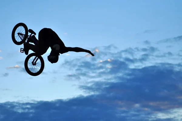 BMX rider bike jump in the air — Stock Photo, Image