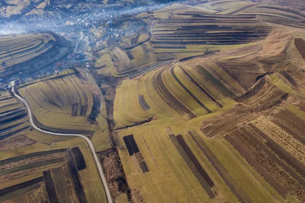 Luchtfoto Van Een Klein Landelijk Dorpje Herfst Bedeciu Roemenië — Stockfoto