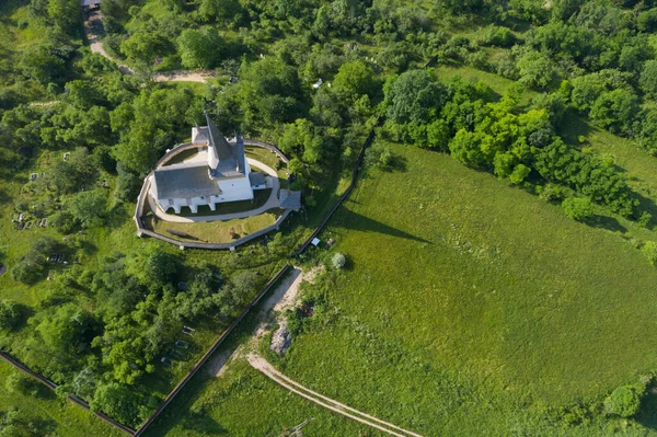Aerial Drone View Valeni Magyarvalko Hungarian Reformed Church Transylvania Romania — Stock Photo, Image