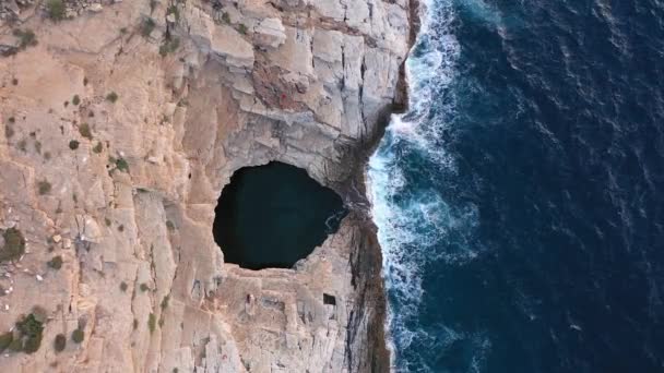 Aerial View Giola Natural Pool Mediterranean Seaside Waves Crushing Shoreline — Αρχείο Βίντεο