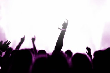 Konserde kollarını açarak kalabalığın gölgesinin arkasına bak. Yaz müzik festivali konsepti