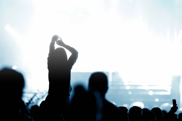 Οπίσθια Όψη Της Σιλουέτας Του Πλήθους Χέρια Απλωμένα Συναυλία Καλοκαιρινή — Φωτογραφία Αρχείου