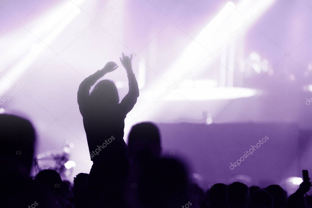 Rear view of silhouette of crowd with arms outstretched at concert. Summer music festival concept