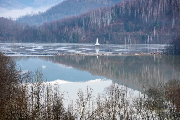 Church Flooded Submerged Toxic Waste Waters Copper Gold Mine Decantation — Stock Photo, Image