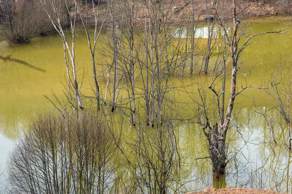 Groen Afvalwater Van Een Kopermijn Dat Het Milieu Vervuilt Geamana — Stockfoto