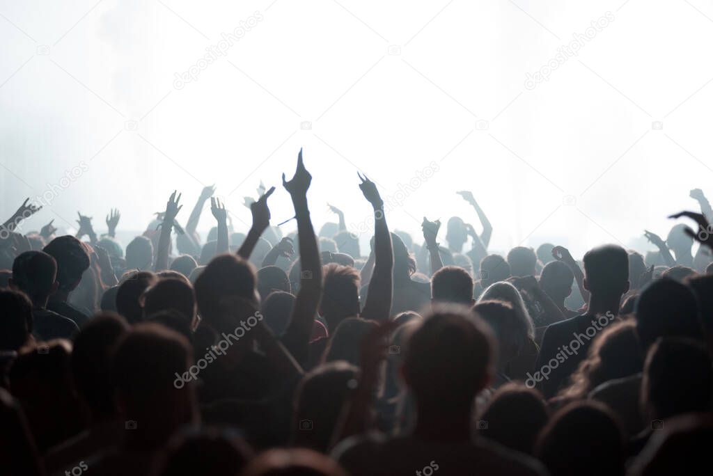 Crowd of people partying at live concert at music festival