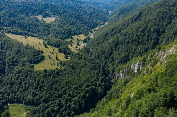 Voler Dessus Une Vallée Profonde Une Forêt Feuillus Falaises Calcaires — Photo