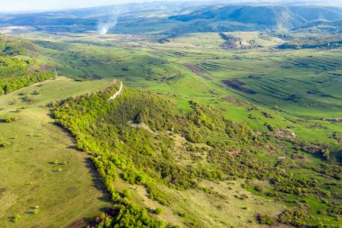 Romanya 'nın Transilvanya kentindeki canlı yeşil çayır ve ormanın insansız hava aracı tarafından havadan görünüşü