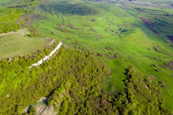 利用无人驾驶飞机从空中俯瞰罗马尼亚特兰西瓦尼亚充满活力的绿色牧场和森林 — 图库照片