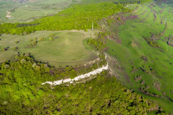 Aerial View Limestone Cliffs Green Forest Spring Geological Formation Transylvania — ストック写真