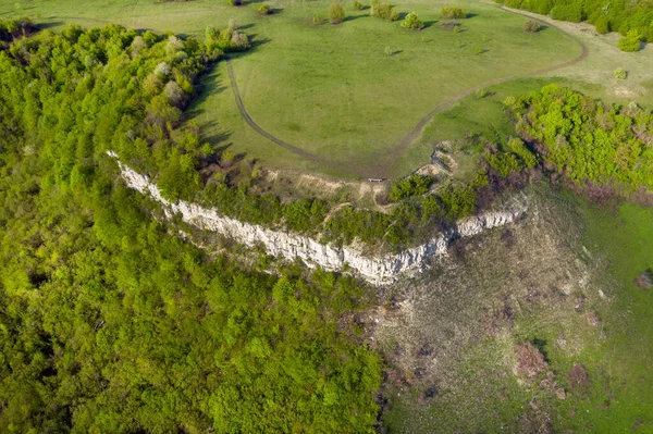 Aerial View Limestone Cliffs Green Forest Spring Geological Formation Transylvania — стокове фото