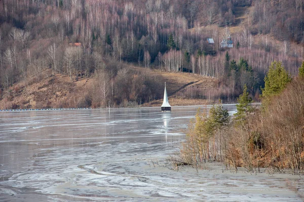 Church Flooded Submerged Toxic Waste Waters Copper Gold Mine Decantation — Stock Photo, Image