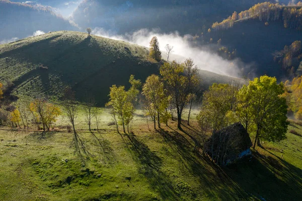 Dağlarda Terk Edilmiş Ahşap Evler Ahırlarla Sonbahar Çiftliğinin Havadan Görünüşü — Stok fotoğraf