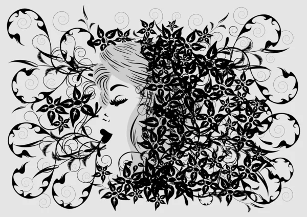 Kvinnans profil på floral bakgrund — Stock vektor