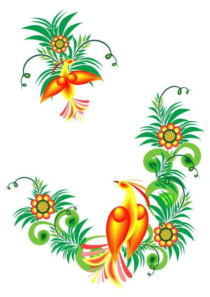 Abstract birds of paradise on floral branches — Stock Vector