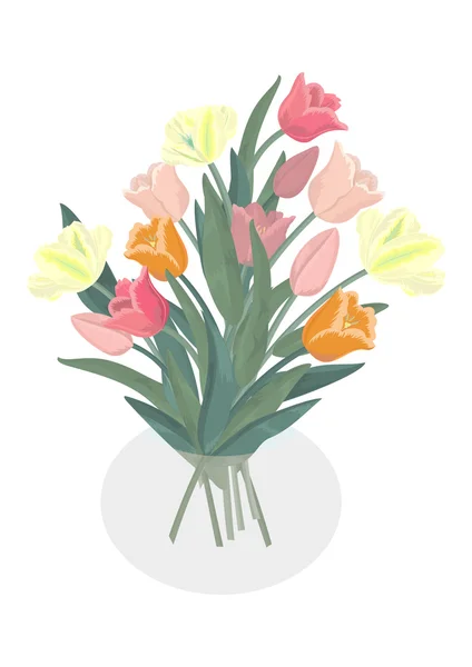 Ramo de tulipanes en jarrón de vidrio — Vector de stock