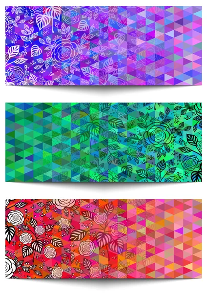 Banners con adorno floral y fondo triangular — Vector de stock