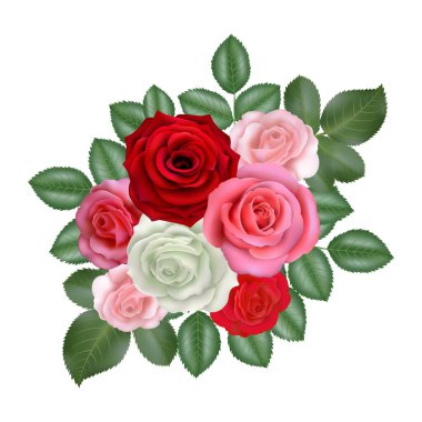 İzole edilmiş kırmızı, pembe ve beyaz gül demeti.