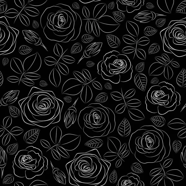 黒と白のバラの輪郭からのシームレスなパターンのイラスト — ストックベクタ