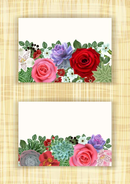 Ilustração Modelos Cartões Florais Com Rosas Suculentas Prímulas Flores Alstroemeria —  Vetores de Stock