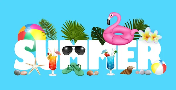 Illustration Des Sommerurlaubs Schriftzugs Mit Sommersymbolen — Stockvektor