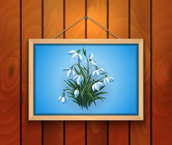Illustration Der Malerei Mit Frühling Schneeglöckchen Blumen Und Hölzernen Hintergrund — Stockvektor
