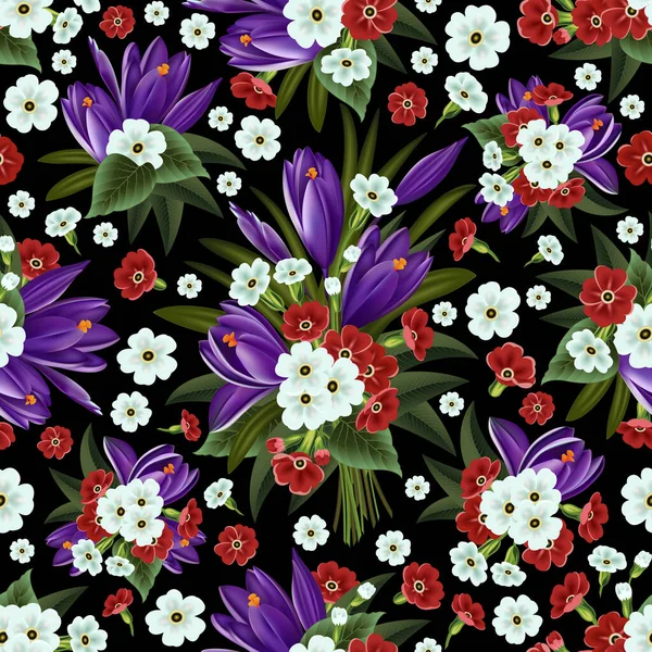 Illustration Motif Floral Avec Crocus Primevère Sur Fond Noir — Image vectorielle