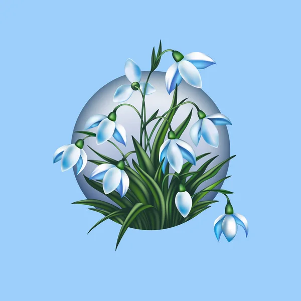 青い背景の丸い枠に春の雪の花のイラスト — ストックベクタ