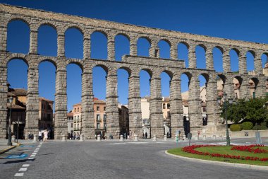 Segovia, Spain - August 22, 2020: Aqueduct of Segovia from Plaza Artilleria, Segovia, Spain.