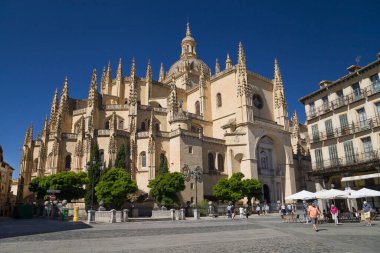 Segovia, Spain - August 22, 2020: Segovia Cathedral seen from the Plaza Mayor, Segovia, Spain.