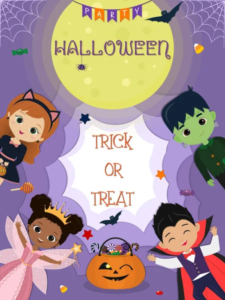 Šťastné Halloweenské pozvání. Halloween děti postavy v různých kostýmech na pozadí úplňku. Dýně se sladkostmi. Karikatura, vektor. Vektorová Grafika
