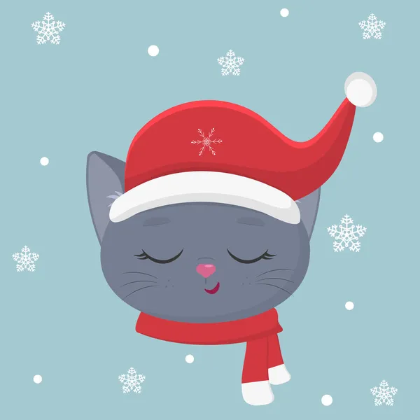 Frohes Neues Jahr und frohe Weihnachten. Niedliche Kätzchen der britischen Rasse in einer Weihnachtsmütze und einem Schal auf einem Hintergrund aus Schneeflocken. Cartoon, flacher Stil, Vektor — Stockvektor