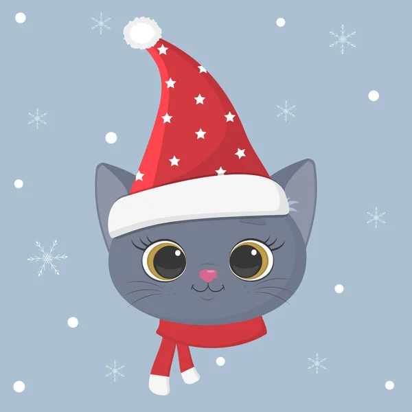 Frohes Neues Jahr und frohe Weihnachten. Niedliche Kätzchen der britischen Rasse in einer Weihnachtsmütze und einem Schal auf einem Hintergrund aus Schneeflocken. Cartoon, flacher Stil, Vektor — Stockvektor