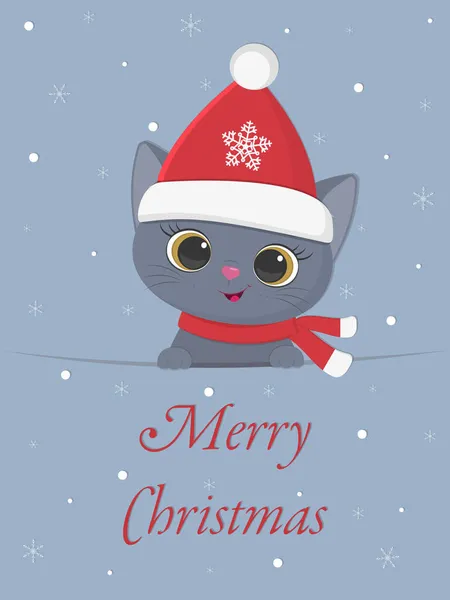 해피 뉴 이어와 메리 크리스마스 엽서. 영국 산 새끼 고양이가 산타 모자를 쓰고 눈송이를 배경으로 스카프를 두르고 있다. 카툰, 플랫 스타일, 벡터 — 스톡 벡터
