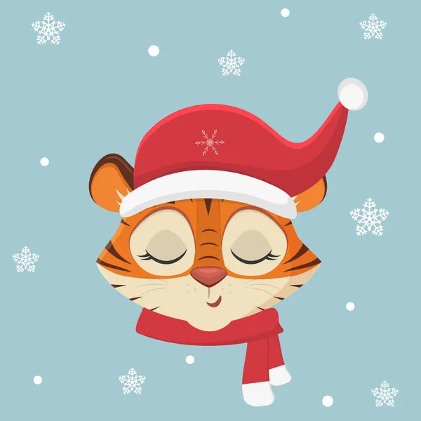Frohes Neues Jahr und frohe Weihnachten. Jahr des Tigers 2022. Netter Tiger mit Weihnachtsmütze und Schal vor einem Hintergrund aus Schneeflocken. Cartoon, flacher Stil, Vektor — Stockvektor