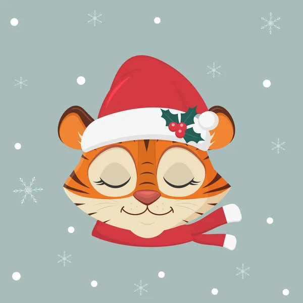 Frohes Neues Jahr und frohe Weihnachten. Jahr des Tigers 2022. Netter Tiger mit Weihnachtsmütze und Schal vor einem Hintergrund aus Schneeflocken. Cartoon, flacher Stil, Vektor — Stockvektor