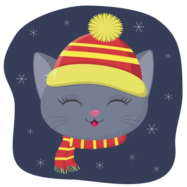 A cute kitten of the British breed is dressed in a hat and a scarf in winter. Against the background of the night sky and snowflakes. — Stock Vector