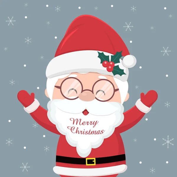 Frohe Weihnachten und ein gutes neues Jahr. Fröhlicher Weihnachtsmann mit Brille hält die Hände in die Höhe, die Inschrift auf seinem Bart. Vereinzelt auf hellem Hintergrund und Schneeflocken. — Stockvektor